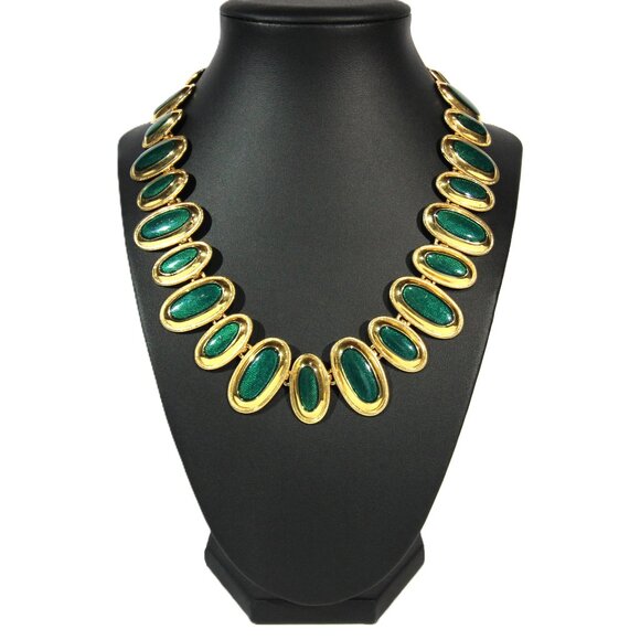 Vintage Courtney G Gold Tone with Green Enamel Necklace - Picture 7 of 11